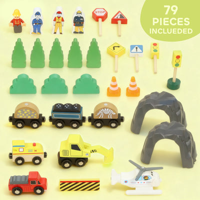 AIYAPLAY 79 Piece Wooden Train Set, Kids Train Track Mine Themed with Crane, Helicopter 