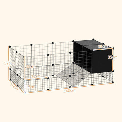 PawHut DIY Small Animal Cage with Elevated Huts, C&C Cage for Guinea Pigs, Hedgehogs, Rabbits, 31 Panels, Black 