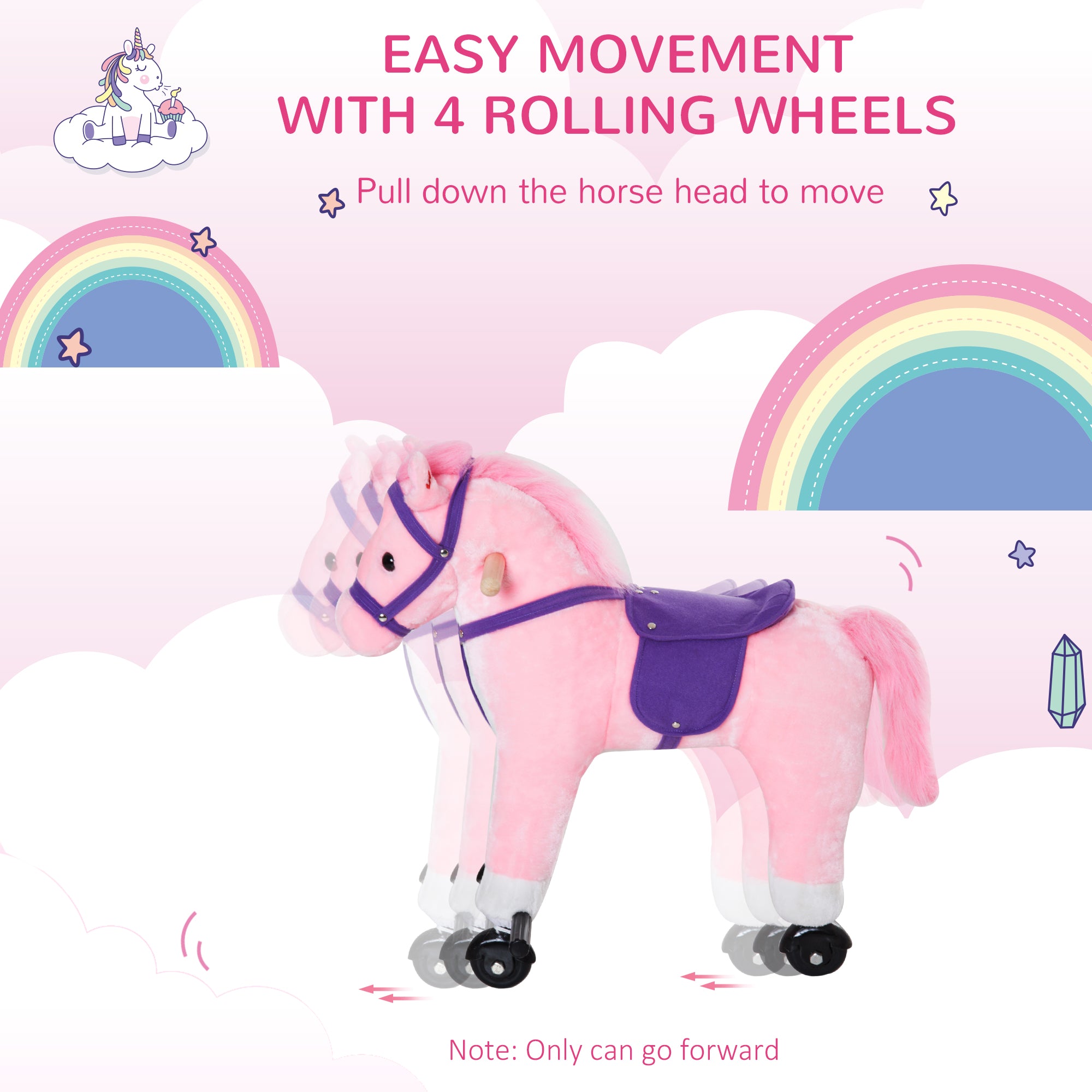HOMCOM Rocking Horse Kids Ride on Walking Horse Animal Pony Wheeled Riding Plush Toy w/Sound for 3 Years and Up (Pink) 
