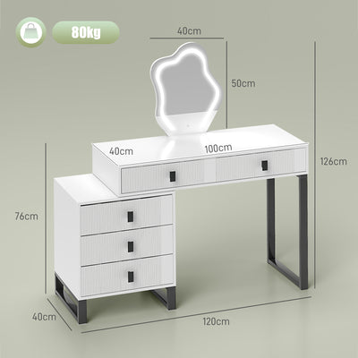 HOMCOM LED Lighted Dressing Table with Leaf Shape Mirror, Modern Vanity Desk with 5 Drawers, Makeup Desk with Fluted Panels, White 