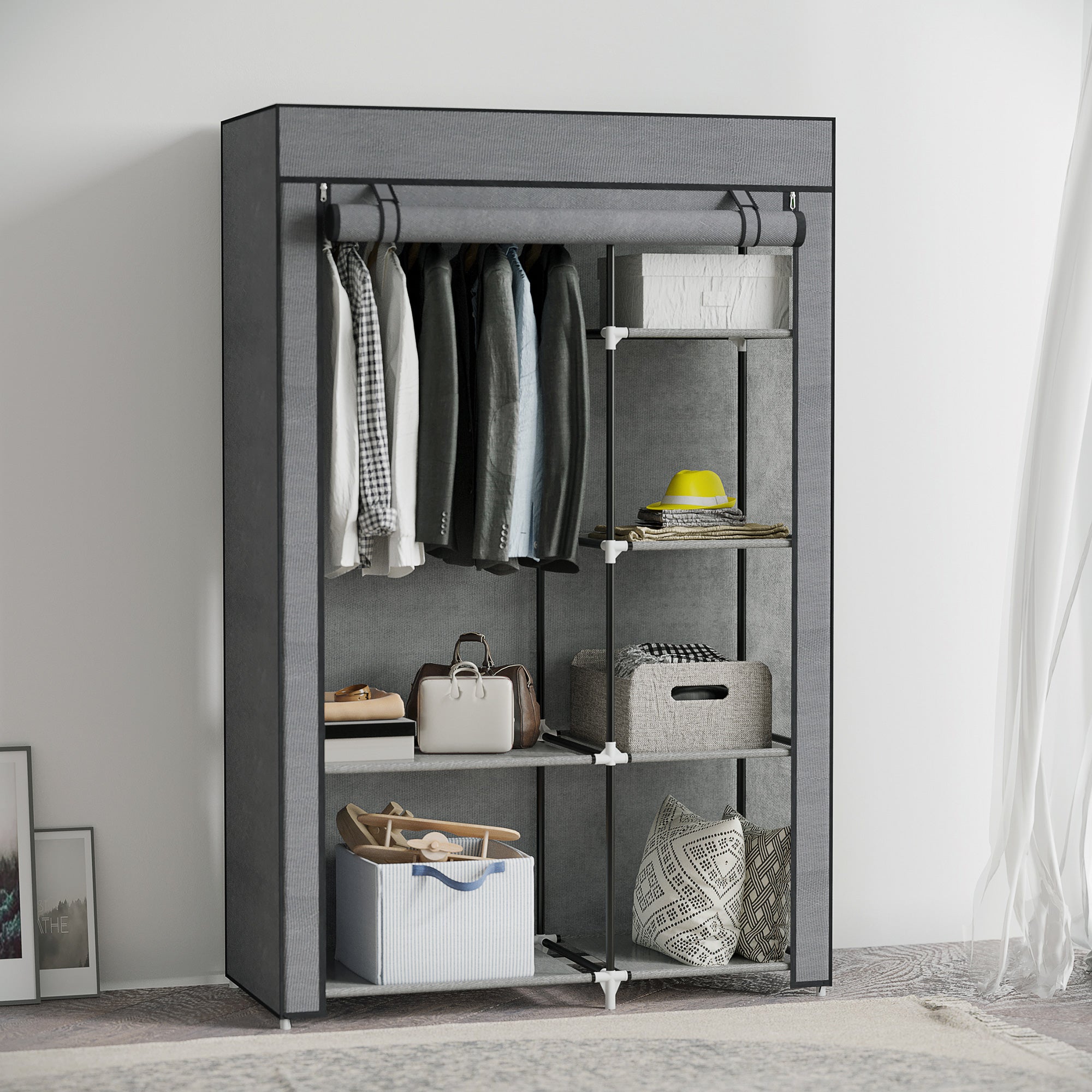 HOMCOM Rail and Six Shelf Fabric Wardrobe - Dark Grey 