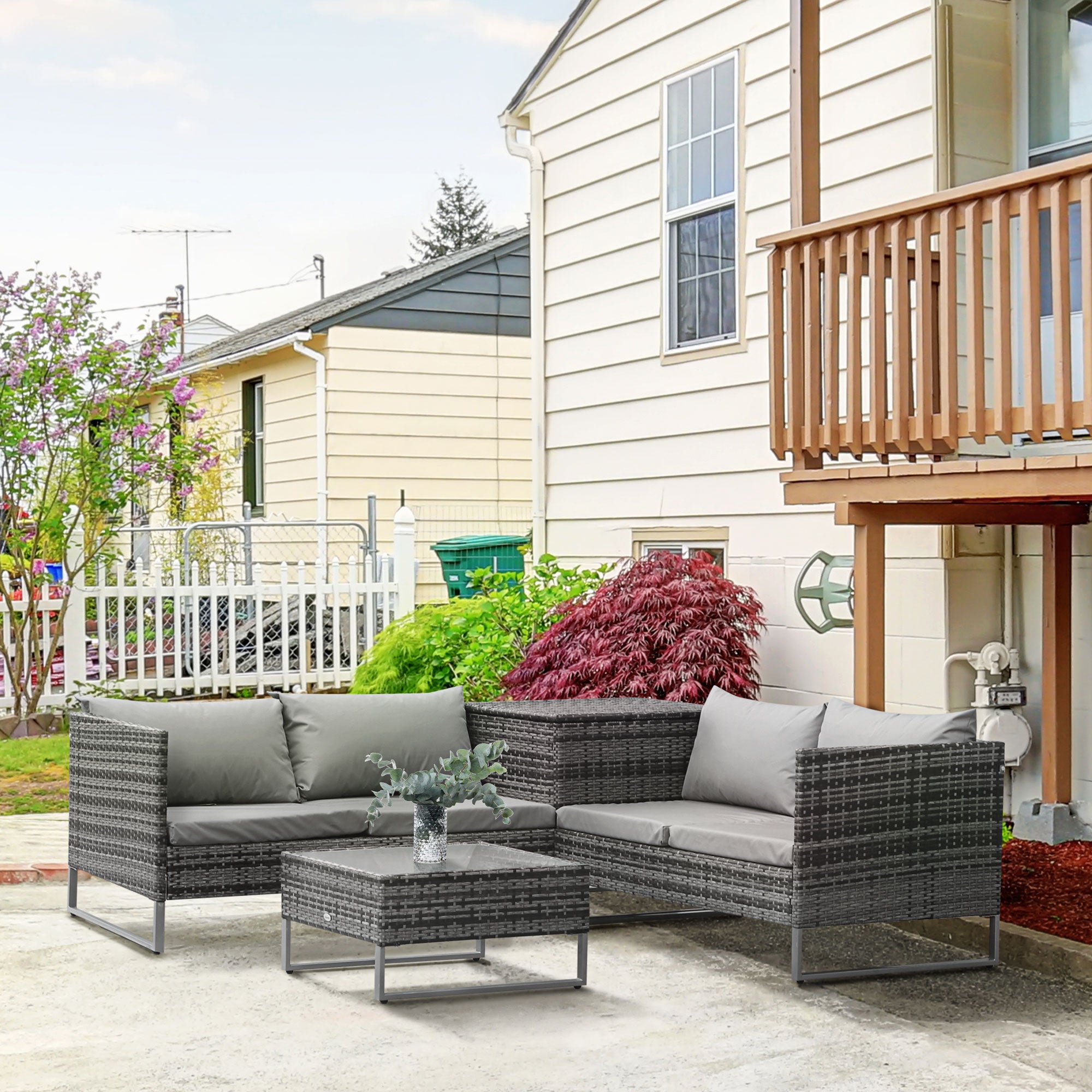 Outsunny 4 PCs Garden Rattan Wicker Outdoor Furniture Patio Corner Sofa Love Seat and Table Set  with Cushions Side Desk Storage - Mixed Grey 