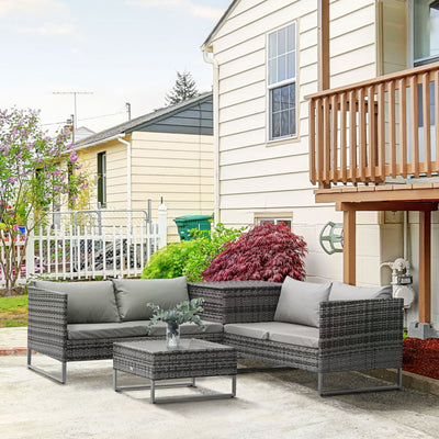 Outsunny 4 PCs Garden Rattan Wicker Outdoor Furniture Patio Corner Sofa Love Seat and Table Set  with Cushions Side Desk Storage - Mixed Grey 