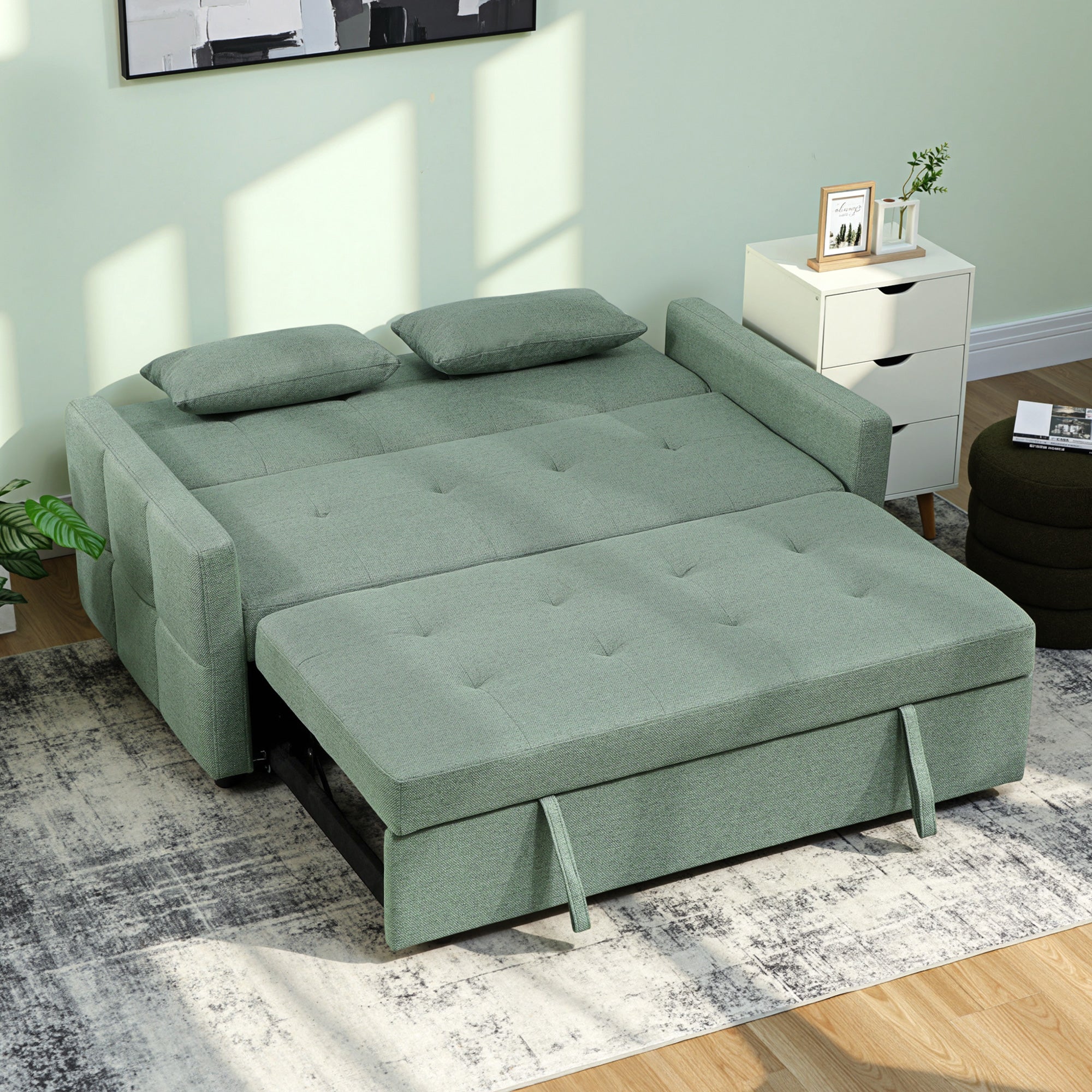 HOMCOM Three-Way 2 Seater Sofa Bed with Three-position back and Two Soft Pillows - Green 