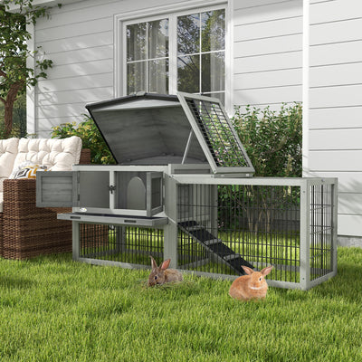 PawHut Wooden Rabbit Hutch with Outdoor Run Grey 