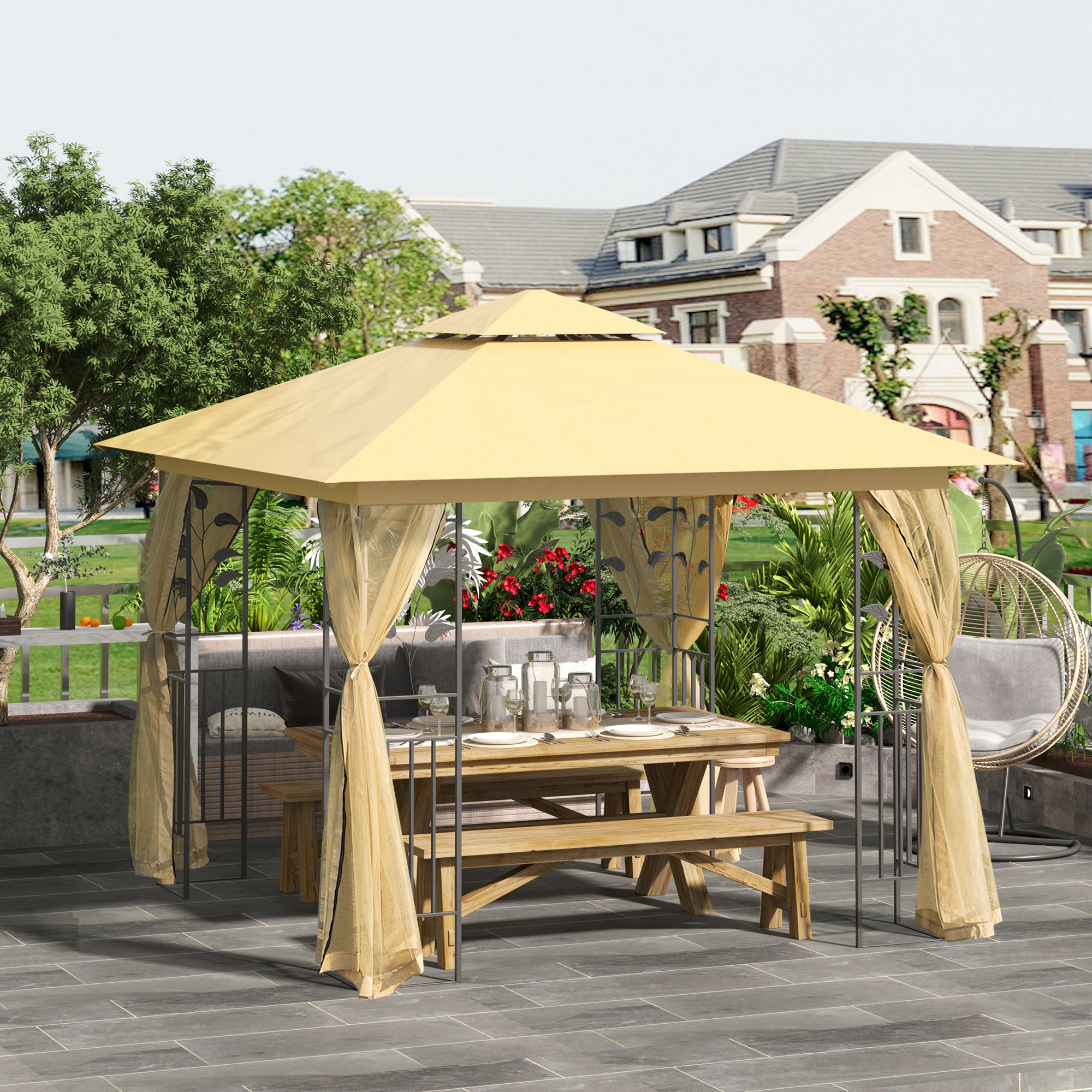 Outsunny 3(m) x 3(m) Garden Gazebo, Double Roof Outdoor Gazebo Canopy Shelter with Netting, Solid Steel Frame, for Garden, Lawn and Deck, Beige 