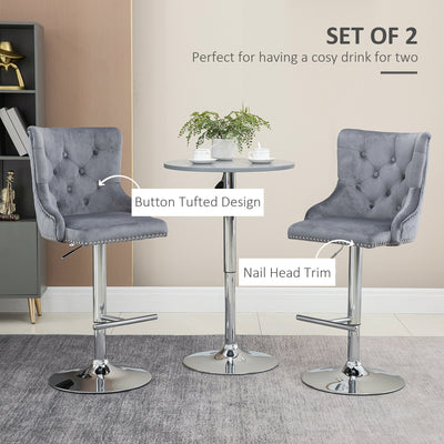 HOMCOM Modern Adjustable Bar Stools Set of 2, Swivel Velvet Barstools with Button Tufted Back, Footrest, Nailhead Trim for Home Bar, Grey 