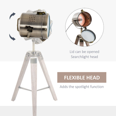 HOMCOM Vintage Tripod Table Desk Lamp Bedside Light Spotlight Brass Antique Searchlight Wooden Base 