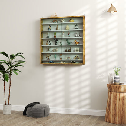 HOMCOM 7-Tier Wall Display Shelf Unit Cabinet w/ 6 Adjustable Shelves Glass Doors Home Office Ornaments 83x80cm, Oak 