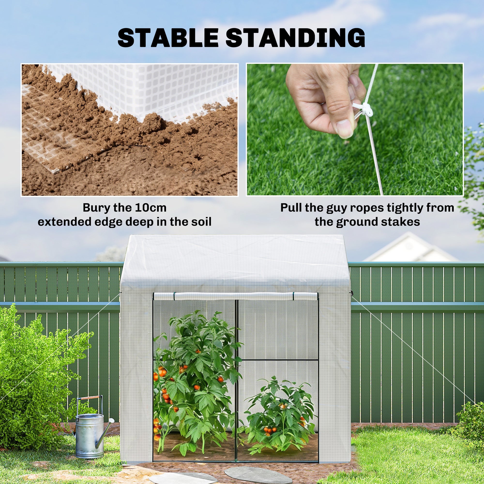 Outsunny Walk-in Greenhouse, Outdoor Tomato Greenhouse with Roll-up Door and Mesh Windows, PE Cover, 200 x 140 x 200cm, White 