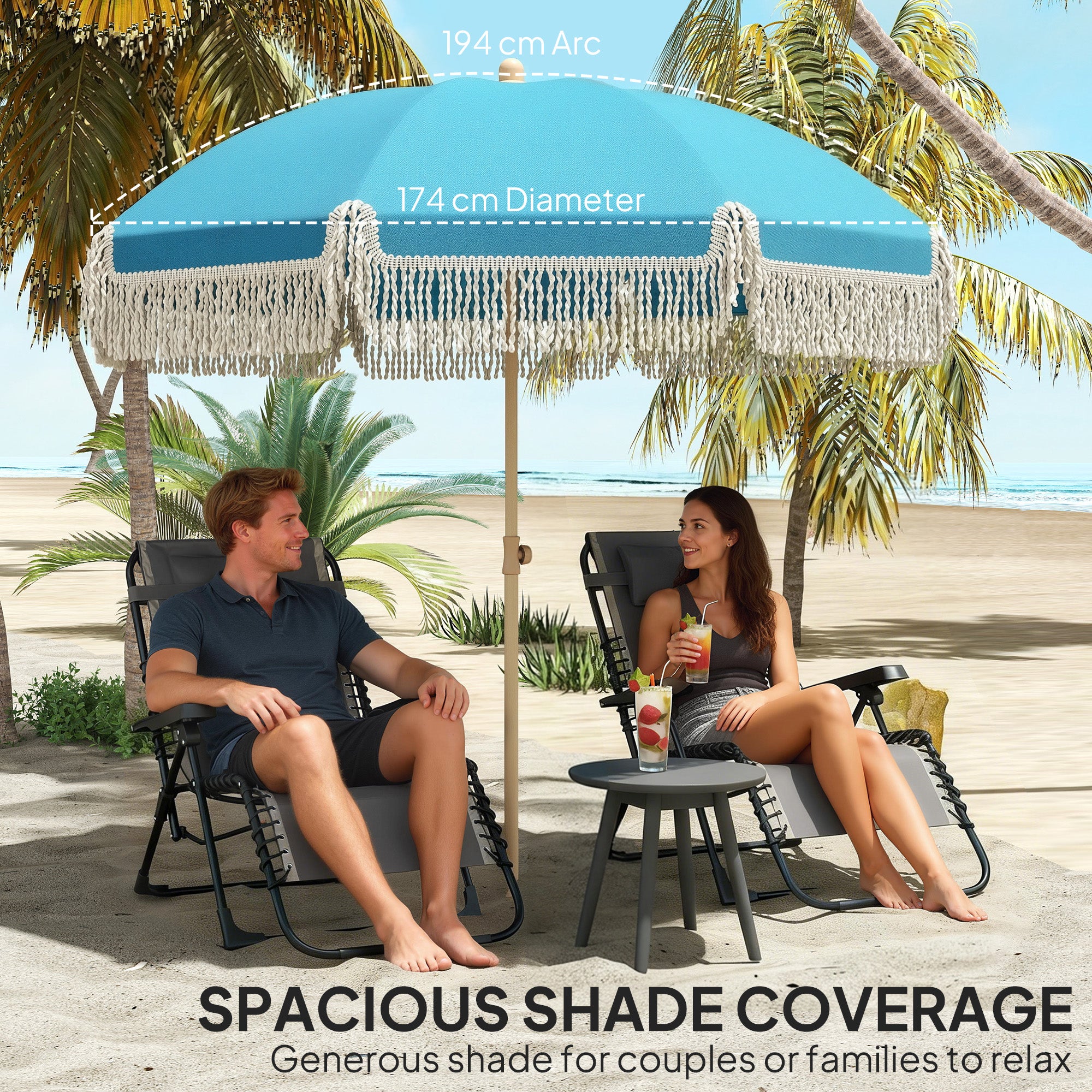Outsunny 1.7 m Beach Umbrella with Sand Anchor, 30° Tilting Fringed Beach Garden Parasol with Adjustable Height, Grey 