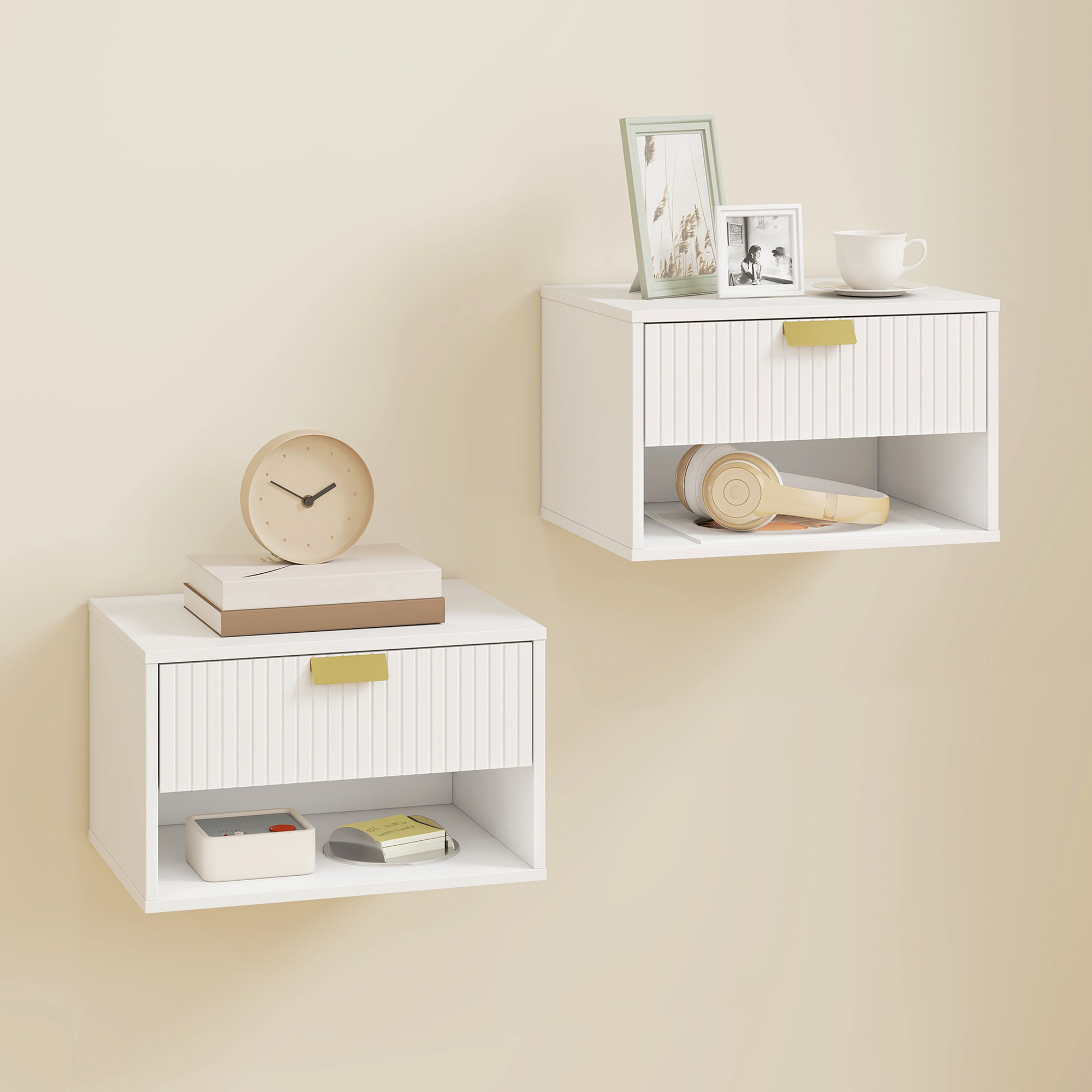 HOMCOM Set of 2 Wall Mounted Nightstands, Floating Bedside Tables with Fluted Drawer and Open Shelf for Small Bedroom, White 