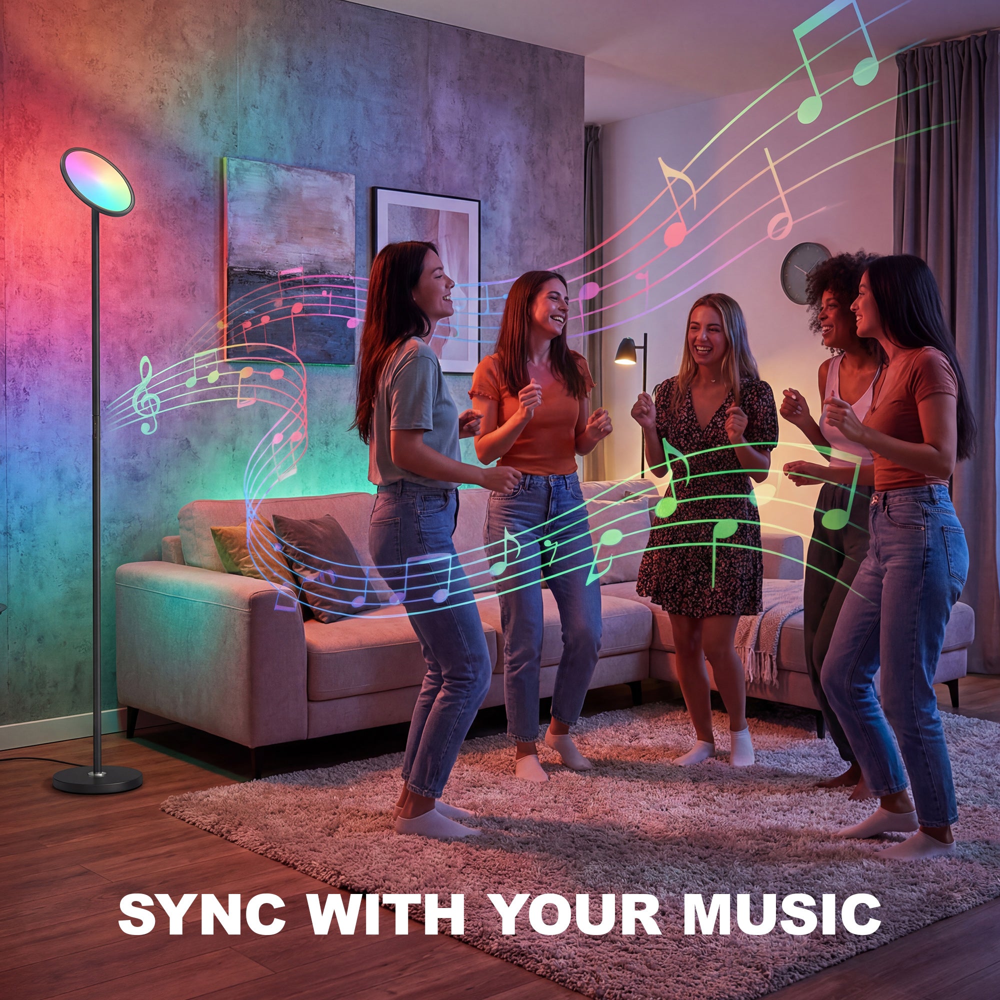 HOMCOM Uplighter Floor Lamp with Tuya App and Music Sync, Standing Lamp with Adjustable Head for Living Room Bedroom, Black 