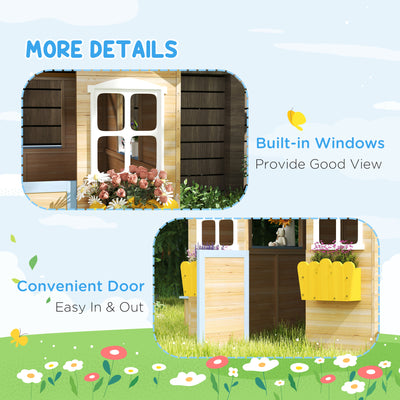 Outsunny Wooden Playhouse, Wendy House w/ Door, Bench, Flowerpot Holder, For Ages 3-7 Years, Blue 