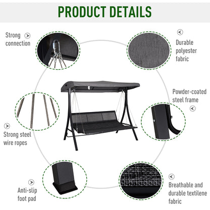 Outsunny 3 Seater Garden Swing Seat Outdoor Swing Chairs Chaise Lounge Padded Seat Hammock Canopy Porch Patio Bench Bed Recliner Sun Lounger - Grey 