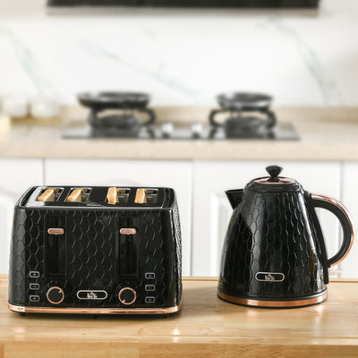 HOMCOM 1.7L 3000W Fast Boil Kettle & 4 Slice Toaster Set, Kettle and Toaster Set with 7 Browning Controls, Crumb Tray, Black 