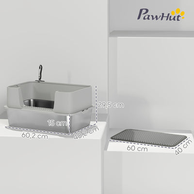 PawHut High Sided Stainless Steel Litter Box, Metal Cat Litter Tray with Metal Scoop, Litter Mat, Never Absorbs Odors, Grey 