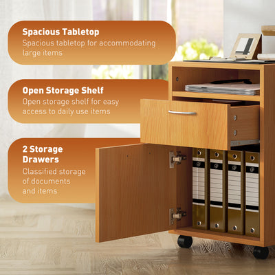 HOMCOM 60cm Filing Cabinet with Drawer, Open Shelf, Metal Handles and 4 Wheels, Office Home Organiser Mobile Printer, Natural Wood Finish 