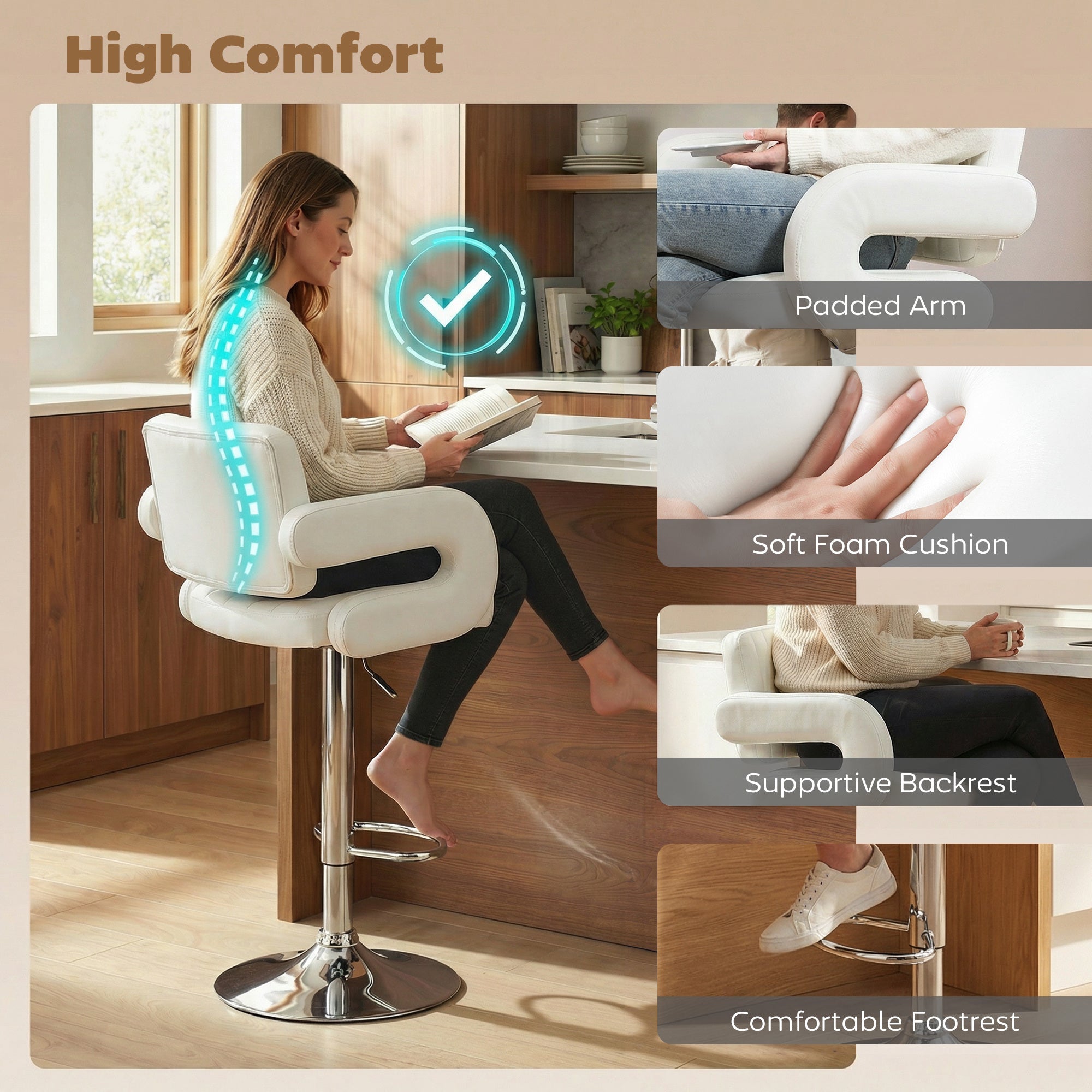 HOMCOM Bar Stools Adjustable Swivel Kitchen Chairs with Backrest Armrest Set of 2 PU Leather White 