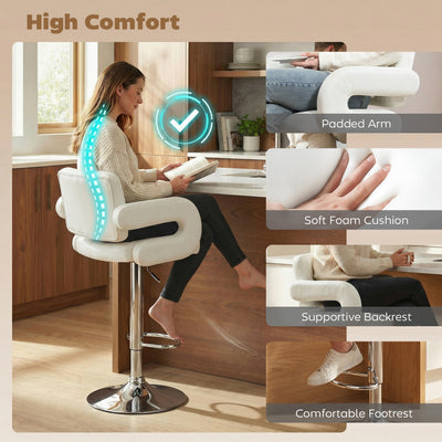 HOMCOM Bar Stools Adjustable Swivel Kitchen Chairs with Backrest Armrest Set of 2 PU Leather White 
