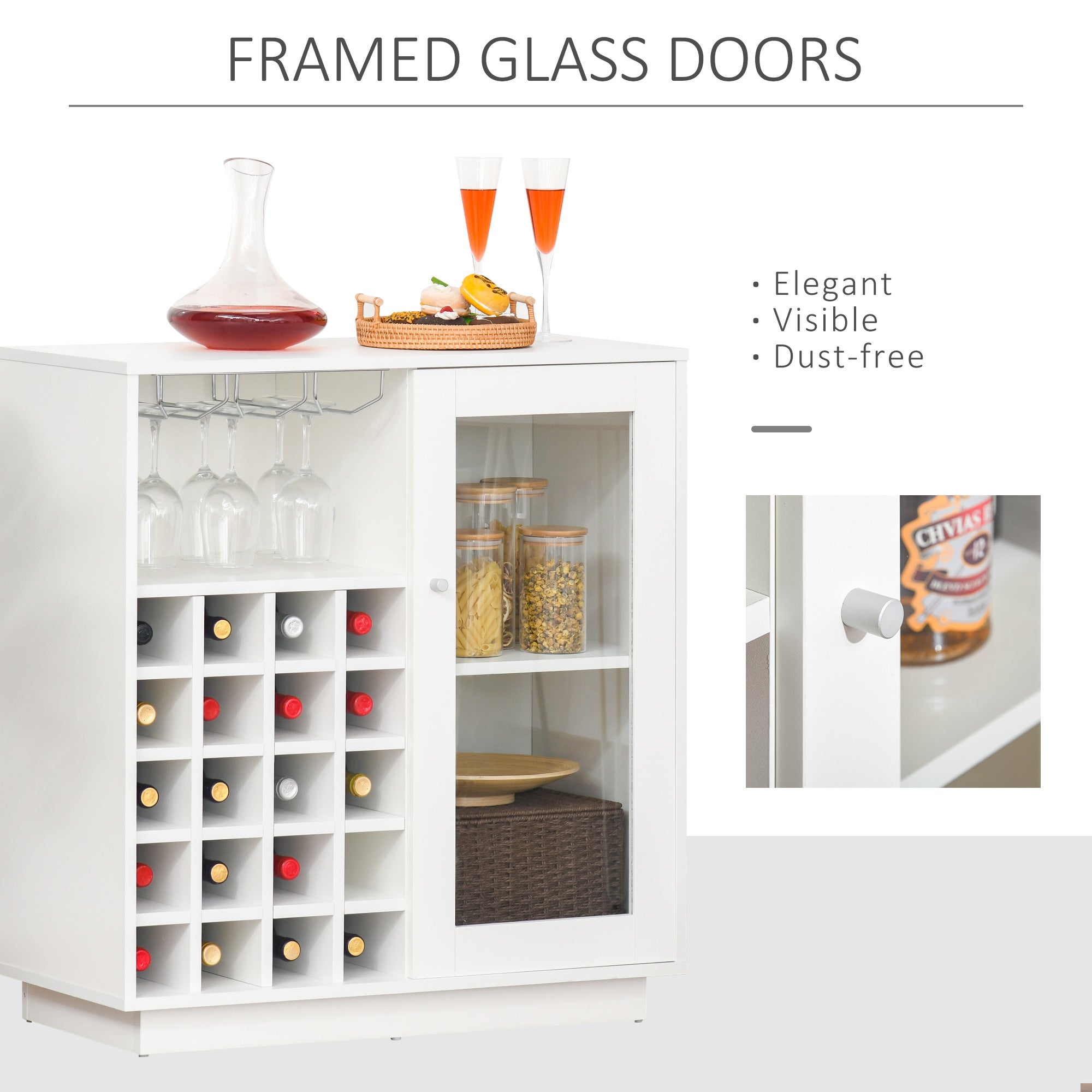 HOMCOM Modern Wine Cabinet Cupboard with Glass Door, Glass Holder & 20-Bottle Wine Rack for Living Room, Home Bar, Dining Room 