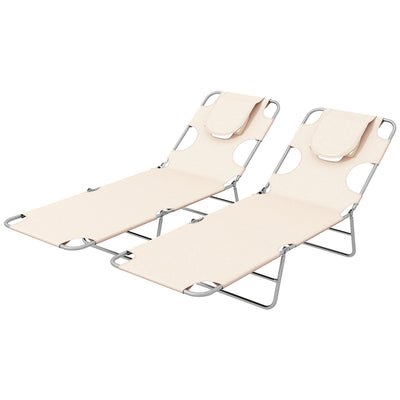 Outsunny Foldable Sun Lounger Set of 2, Beach Chaise Lounges with Reading Hole, Arm Slots, 5-Position Adjustable Backrest, Side Pocket, Pillow for Patio, Garden, Beach, Pool, Beige 