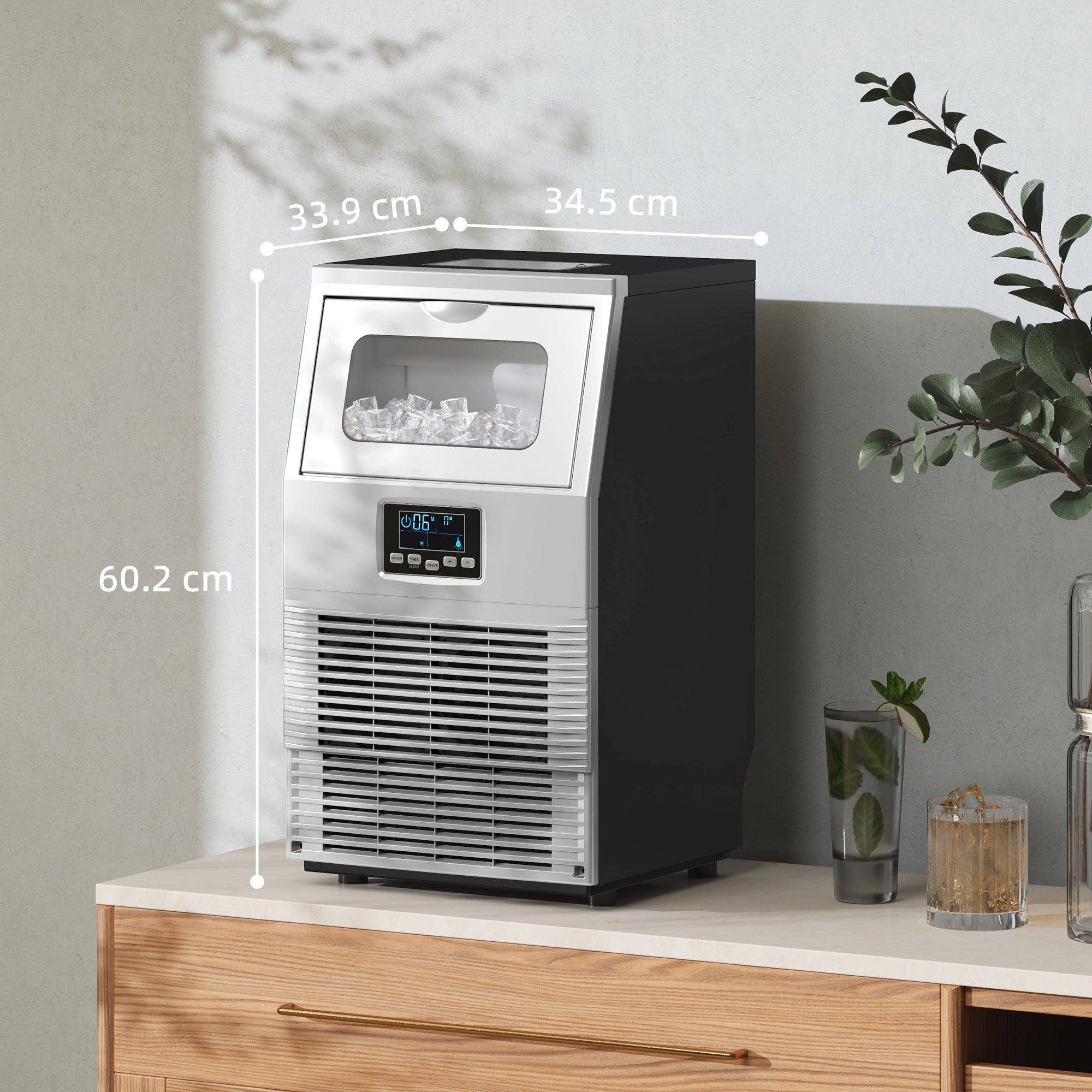 HOMCOM Commercial Ice Maker Machine, Freestanding Industrial Ice Cube Maker with Digital Control, Ice Scoop, Self-cleaning, 4kg Ice Storage, 30kg/24 Hours for Home, Office, Bar, Restaurant 
