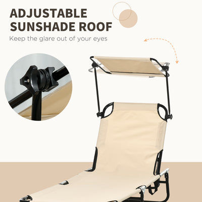 Outsunny 2 Piece Folding Sun Loungers with Canopy, Adjustable Recliner Garden Chairs with Side Pocket, Steel Frame and Breathable Mesh for Outdoor, Pool, Beach, Garden, Tan Brown 