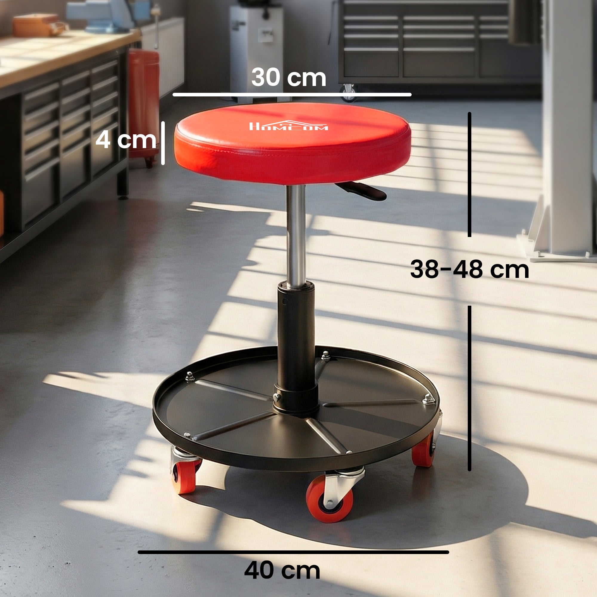 HOMCOM Rolling Mechanical Stool, Pneumatic Adjustable Workshop Stool with Tool Tray, Wheels - Orange 