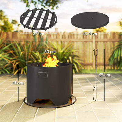 Outsunny Outdoor Round Fire Pit with Lid and Fire Poker - Black 