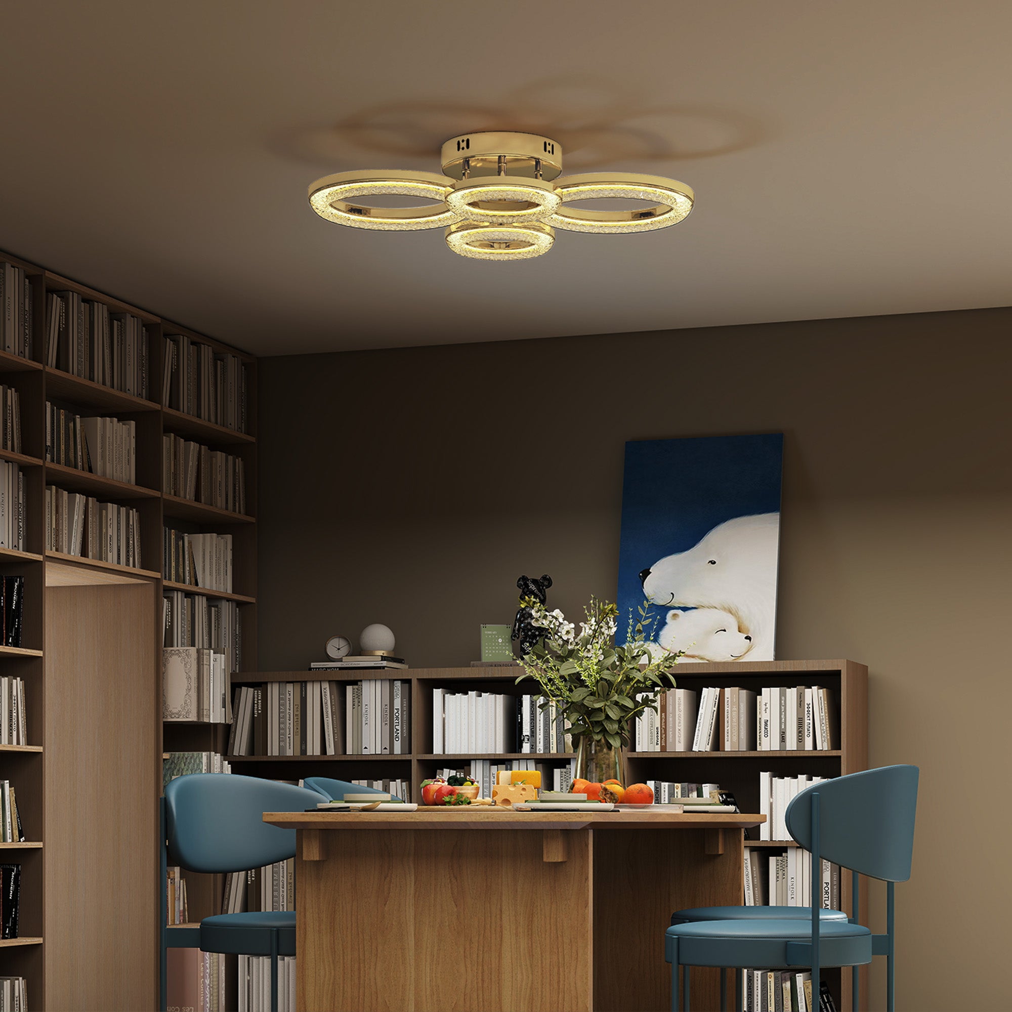 HOMCOM LED Ceiling Light, Modern Dimmable 4 Rings Ceiling Lamp with Wall Switch, 40W 4350lm Flush Mount Ceiling Light with 3500K/4500K/6000K Colour Temperatures for Living Room, Bedroom, Gold Tone 