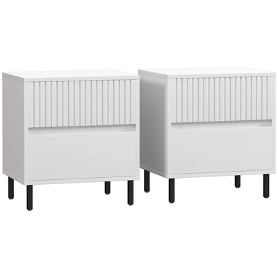 HOMCOM Simple Line Indented Two-Drawer Bedside Table Set of 2 - White 