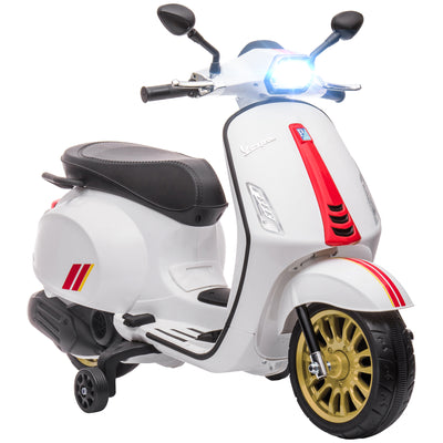 AIYAPLAY 12V Vespa Licensed Kids Electric Motorbike w/ Music, Headlights, FM Radio, for 3-6 Years - White 