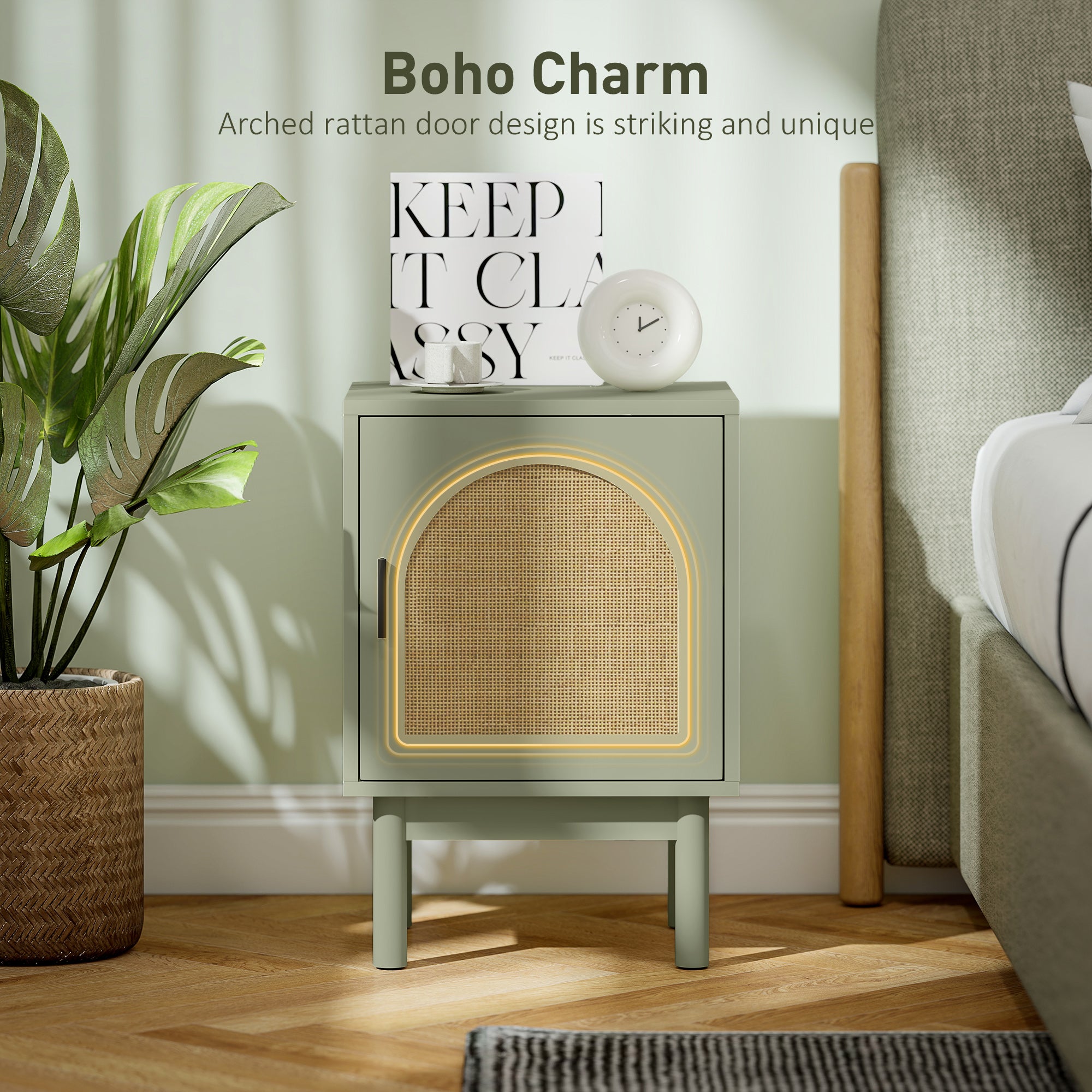 HOMCOM Set of 2 Rattan Bedside Tables, Boho Nightstands with Solid Wood Legs and Storage Cabinet for Living Room, Bedroom, Accent End Side Table, Light Green 