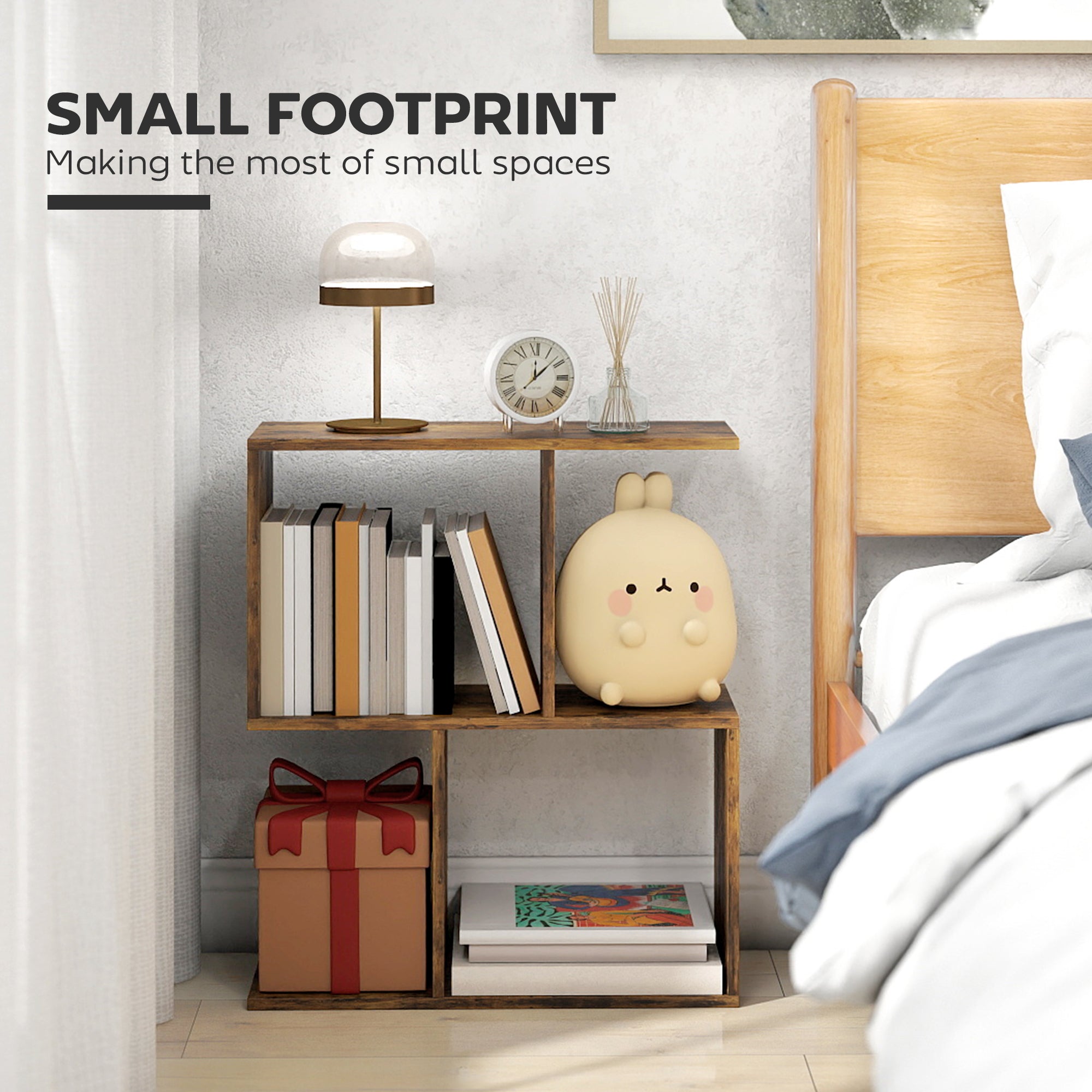 HOMCOM Side Table, Narrow End Table with Storage Shelves, S-Shaped, 3-Tier, 50W x 19.5D x 58H cm, Rustic Brown 