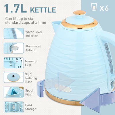 HOMCOM 3000W 1.7L Kettle & 4 Slice Toaster, Kettle and Toaster Set with 7 Browning Controls and Crumb Tray, Light Blue 