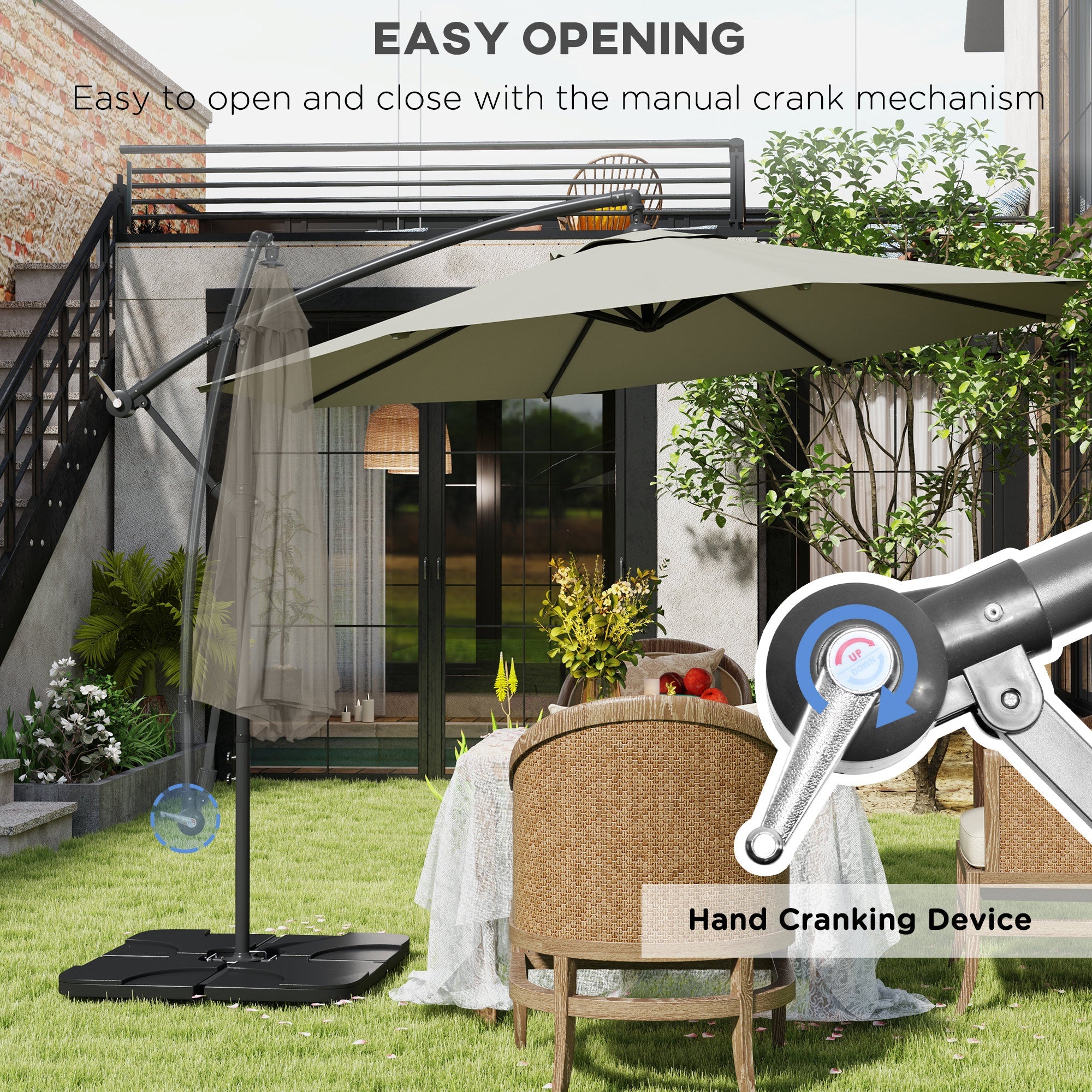 Outsunny 3m Overhanging Parasol, with Base, Weights and Cover - Light Grey 