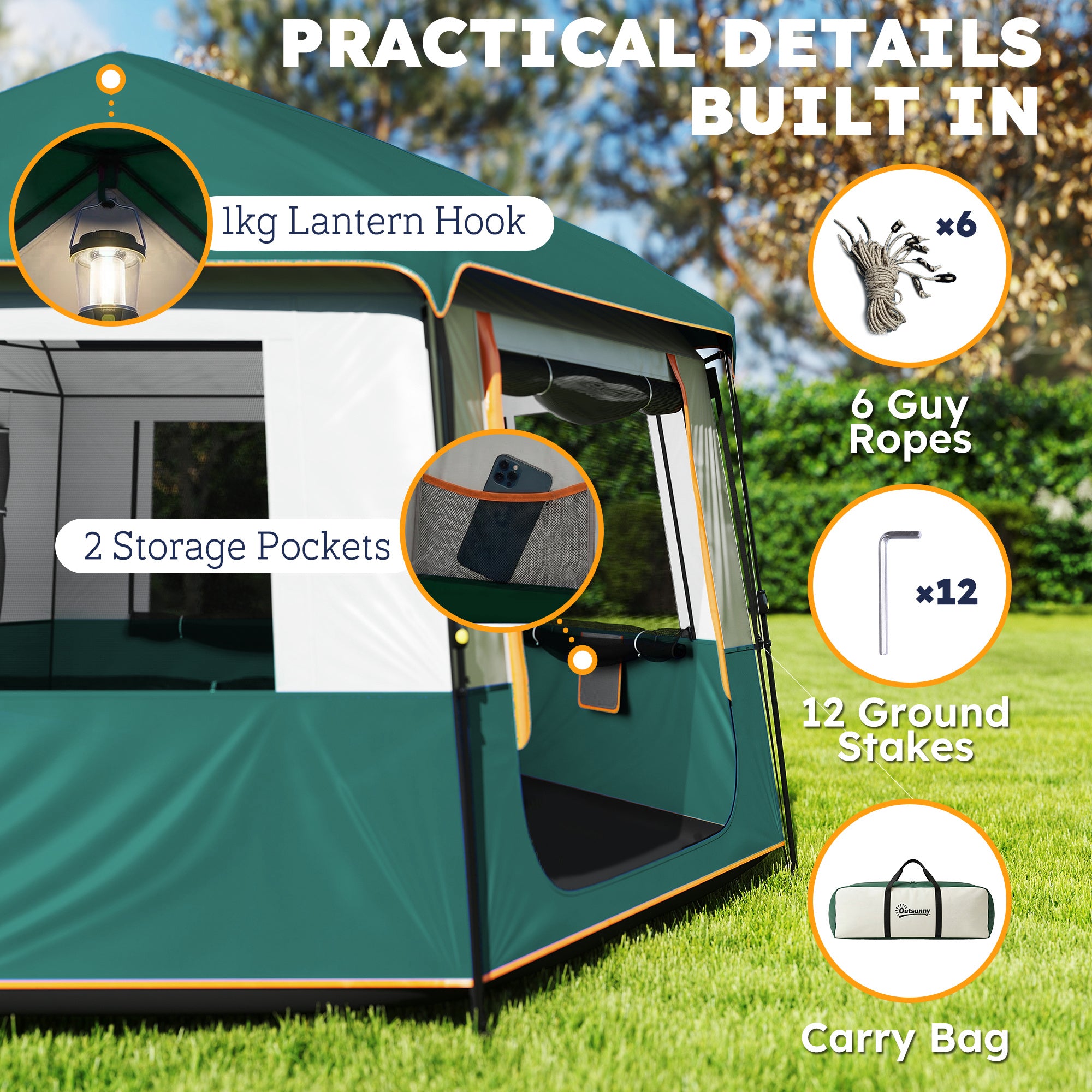 Outsunny Cabin Tent Easy Setup 3000mm Waterproof Camping Tent 4 Person with Carrying Bag Green 