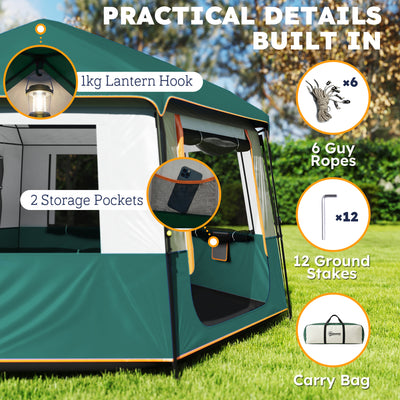 Outsunny Cabin Tent Easy Setup 3000mm Waterproof Camping Tent 4 Person with Carrying Bag Green 