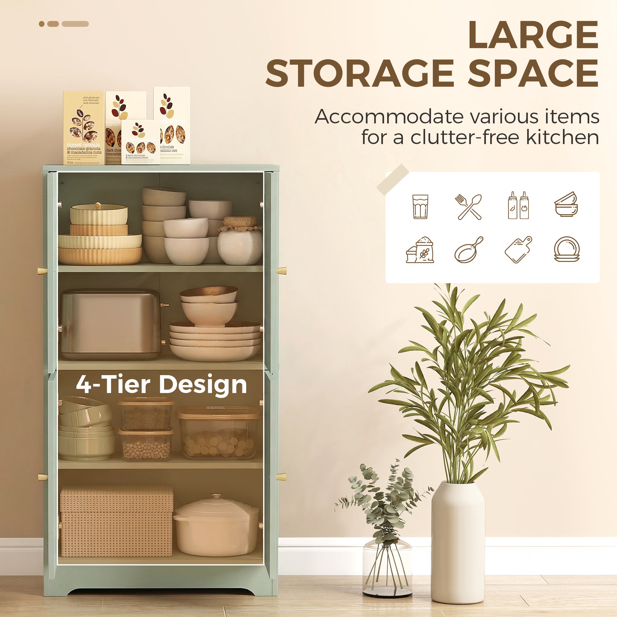 HOMCOM 4-Door Kitchen Storage Cabinet with Adjustable Shelves - Green 