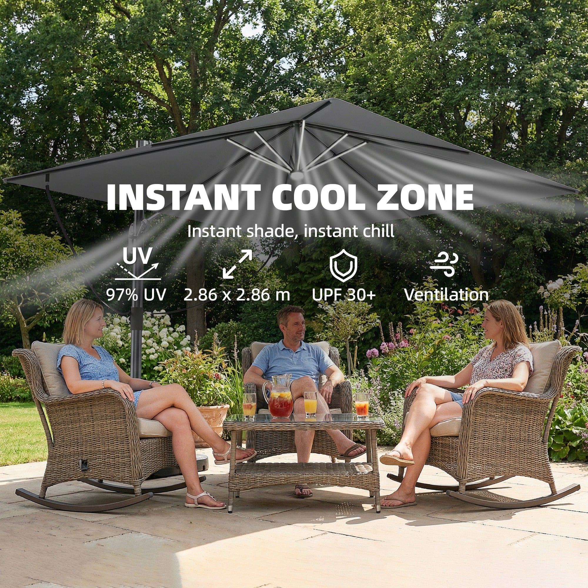 Outsunny 3 x 3 m Garden Cantilever Parasol with Light, Cover, Overhanging Umbrella w/ Wind Protection, 360° Rotation, Light Grey 