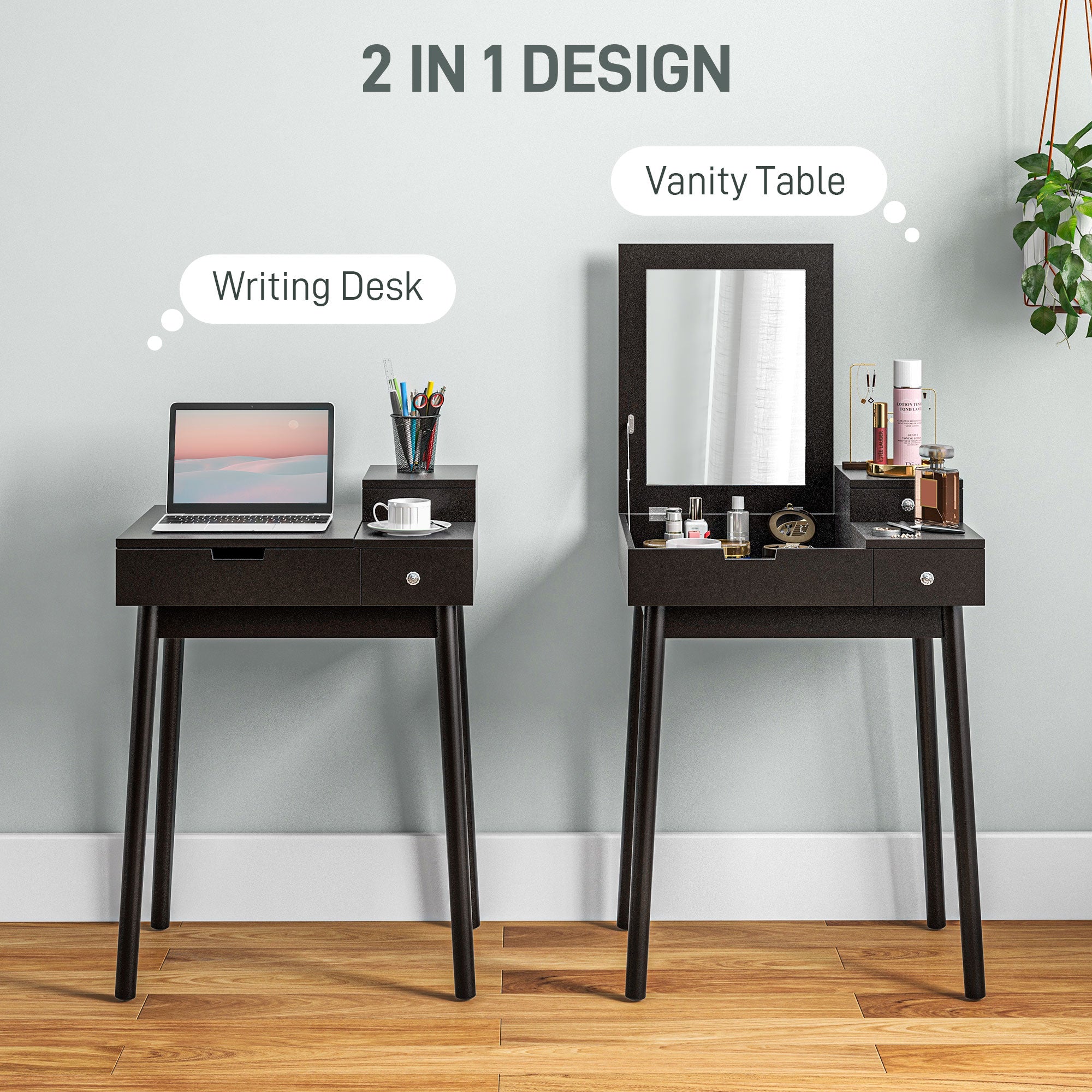 HOMCOM Dressing Table with Flip-up Mirror, Makeup Desk with 2 Drawers, Vanity Table Writing Desk for Bedroom Living Room, Black