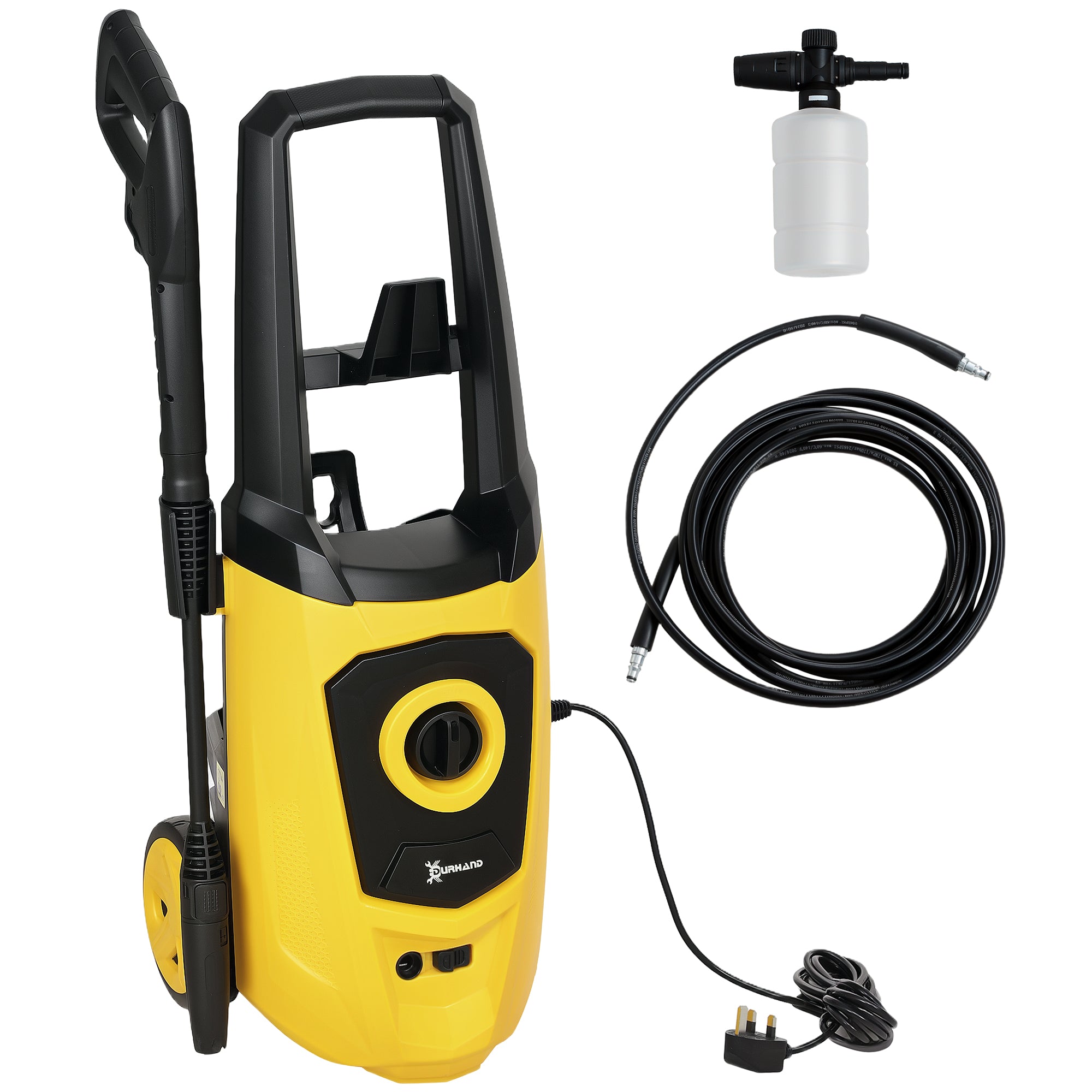 DURHAND 1800W High\'c2\'a0Pressure\'c2\'a0Washer, 150 Bar Pressure, 510 L/h Flow, High-Performance Portable Power Washer Jet Wash Cleaner with 6M Hose, Snow Foam Bottle for Garden, Car, Furniture, Yellow