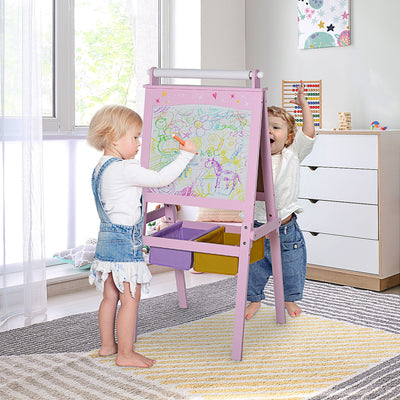 HOMCOM Kids Easel 3 in 1 Wooden Art Easel with Paper Roll Double-Sided Chalkboard & Whiteboard with Storage Baskets for Toddler Girls, Pink 