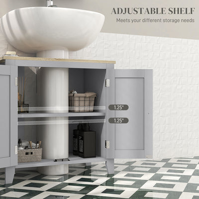 kleankin Under Sink Cabinet, Bathroom Sink Cabinet with 2 Doors, Pedestal Under Sink Design, Freestanding Bathroom Cupboard with Adjustable Shelf, Grey 