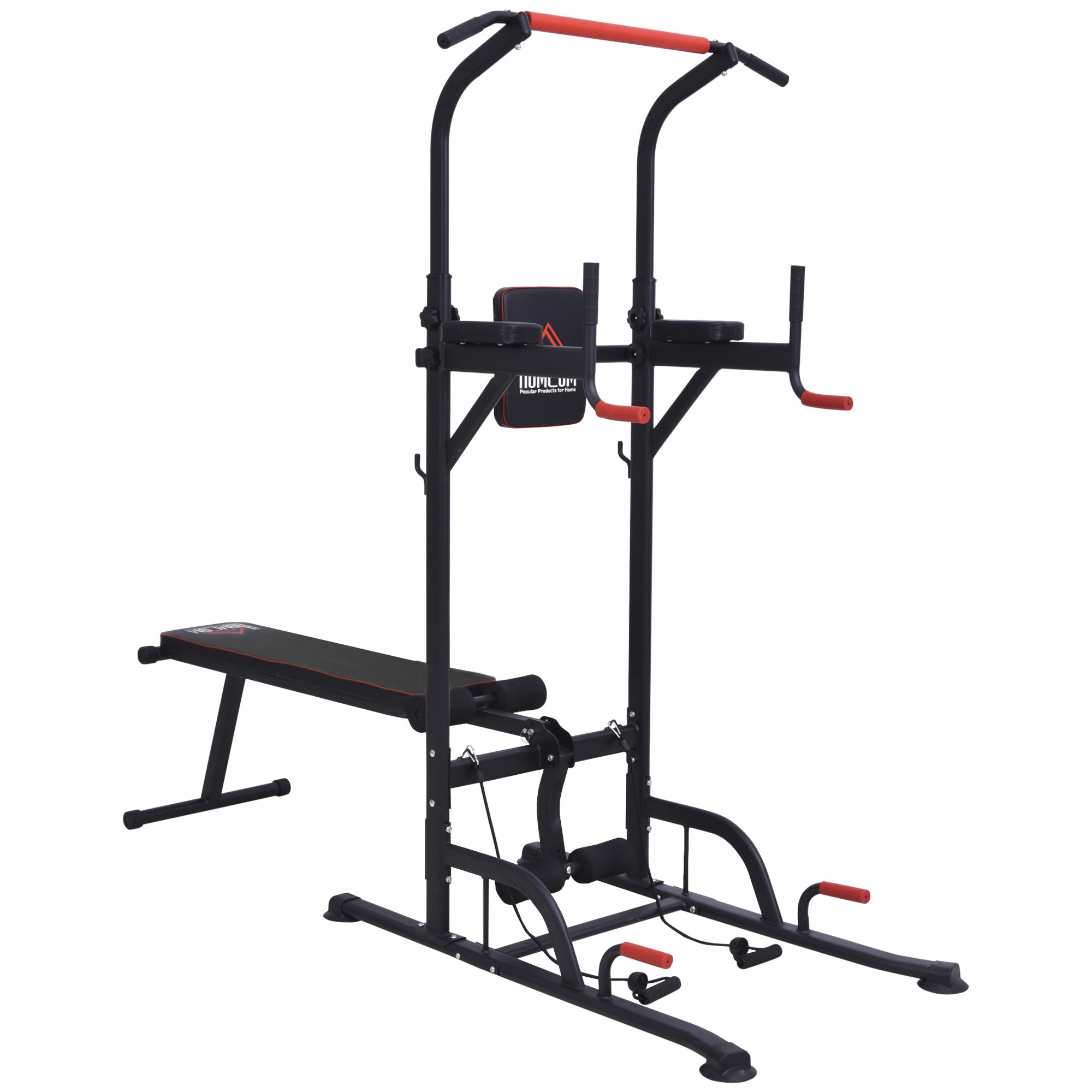 HOMCOM Multifunction Power Tower Home Workout Dip Station w/ Sit-up Bench Push-up Bars and Tension Ropes Fitness Equipment Office Gym Training 