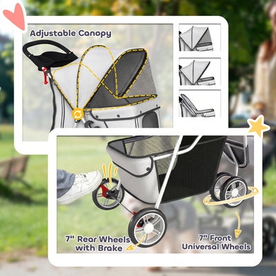 PawHut Dog Stroller, 3 Wheels Foldable Pet Stroller with Adjustable Canopy, Storage Basket for Small Mini Breeds, Grey 