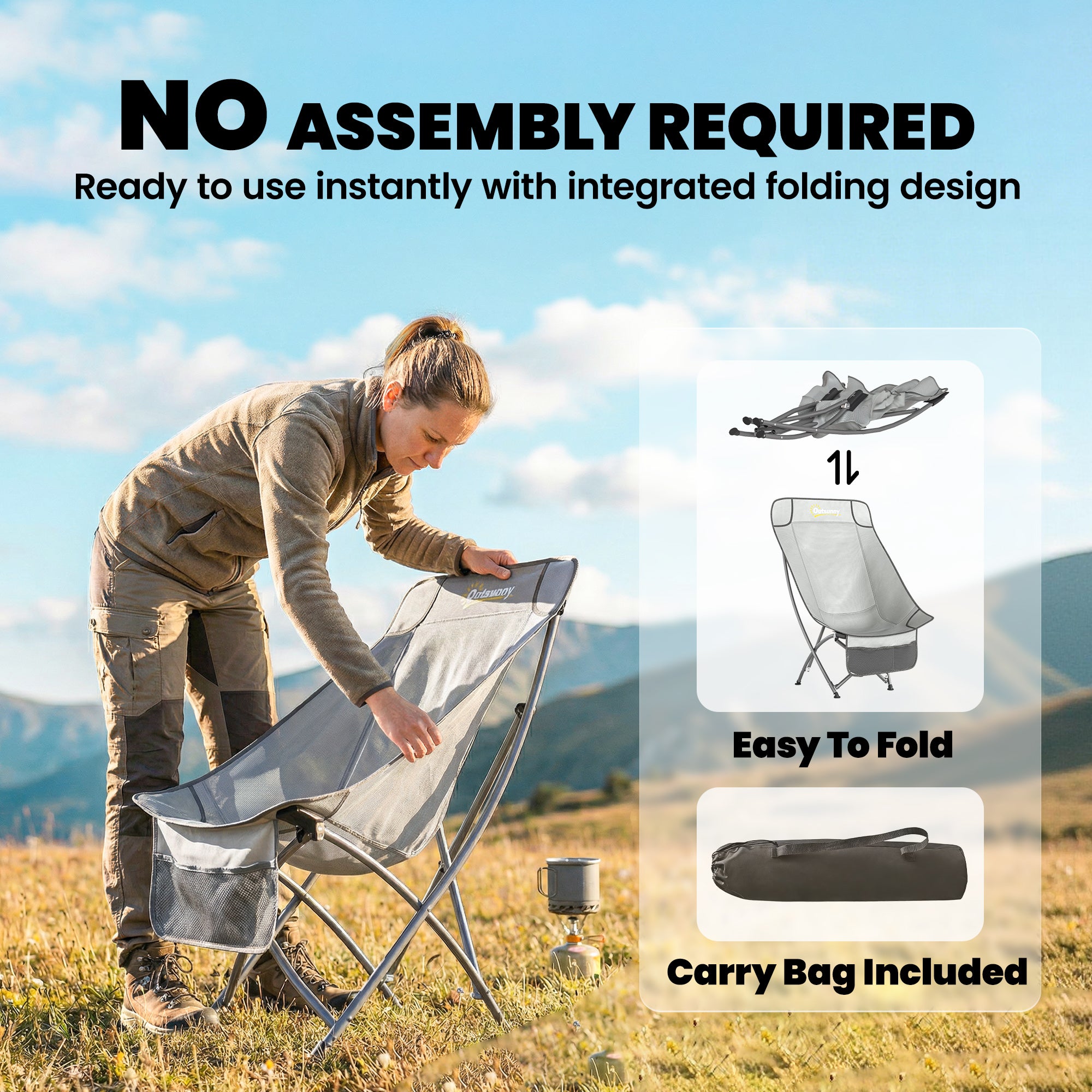 Outsunny Camping Chair for Adults Heavy Duty Folding Camp Chair with Side Pocket and Carry Bag Light Grey 