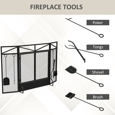 HOMCOM 3 Panel Folding Fire Guard Screen with Fireplace Tool Sets and Front Doors, Freestanding Fire Screen Spark Guard with Feet for Open Fire, Log Burner, Fireplace, 122 x77 cm, Black 