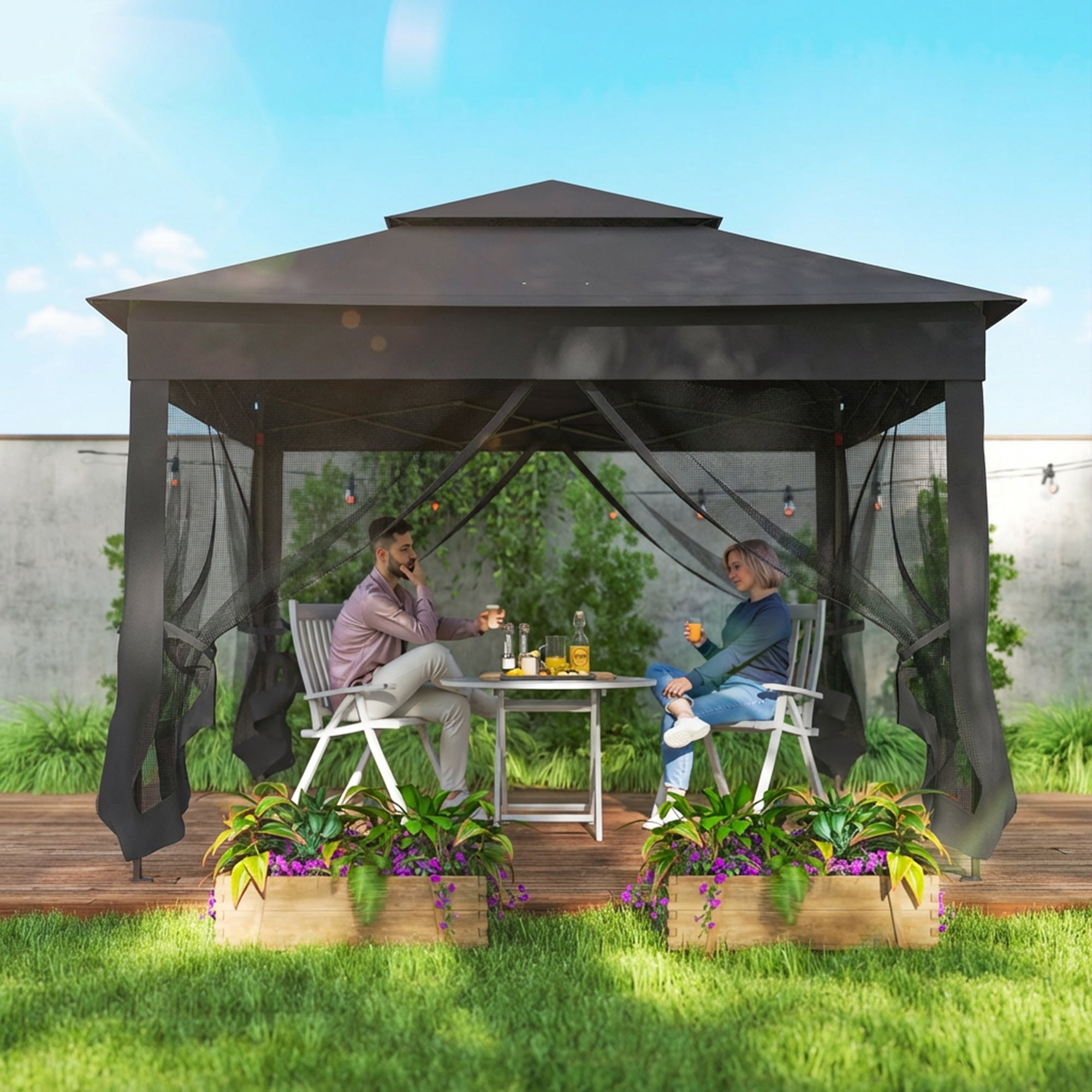 Outsunny 3 x 3(m) Pop Up Gazebo, Double-roof Garden Tent with Netting and Carry Bag, Party Event Shelter, Black 